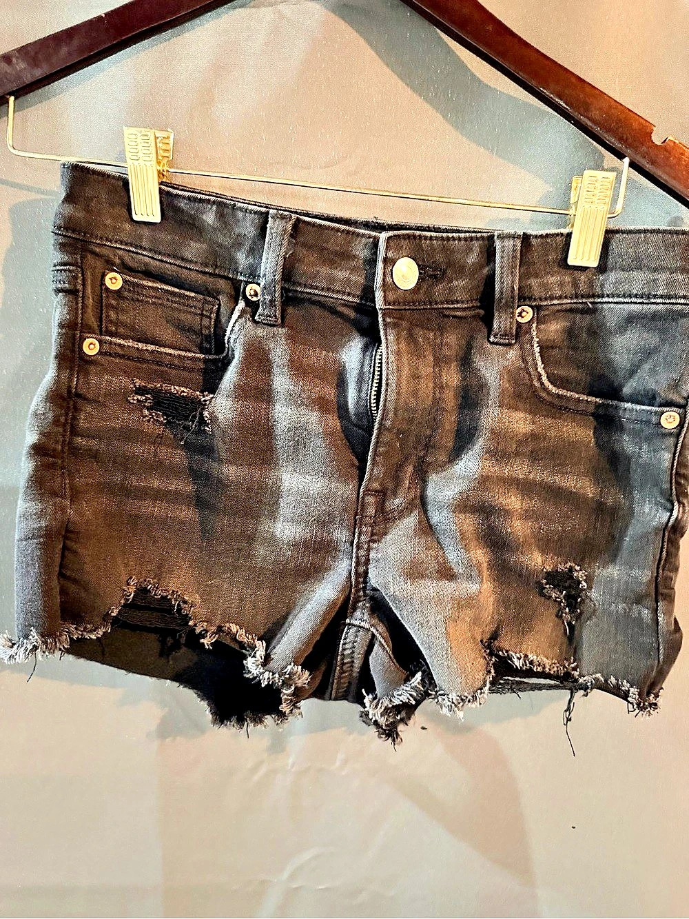 American Eagle Next Level Stretch Distressed Black Jean Shorts Size 2